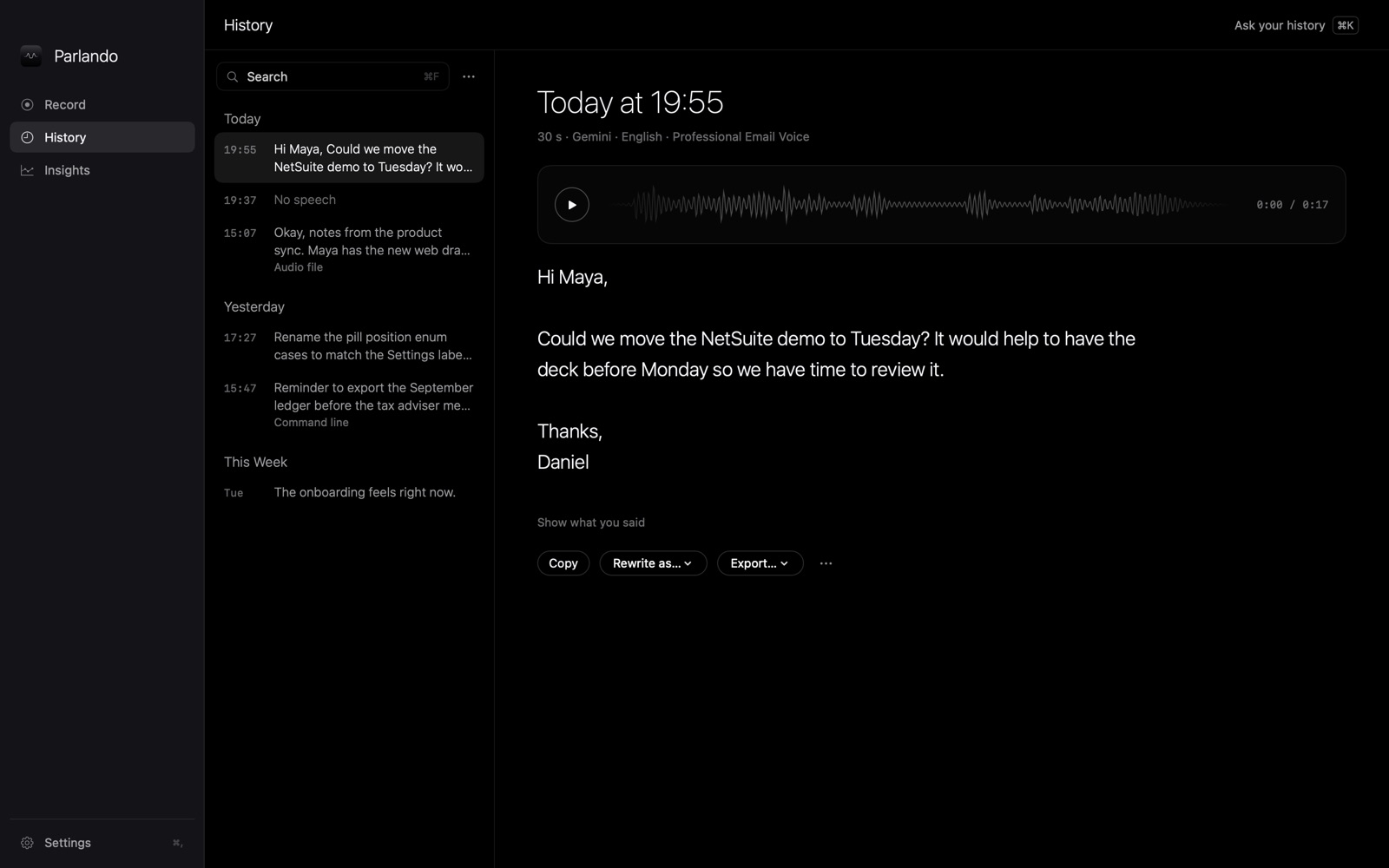 History: a list of today's and yesterday's dictations on the left, the selected email with its audio waveform on the right.
