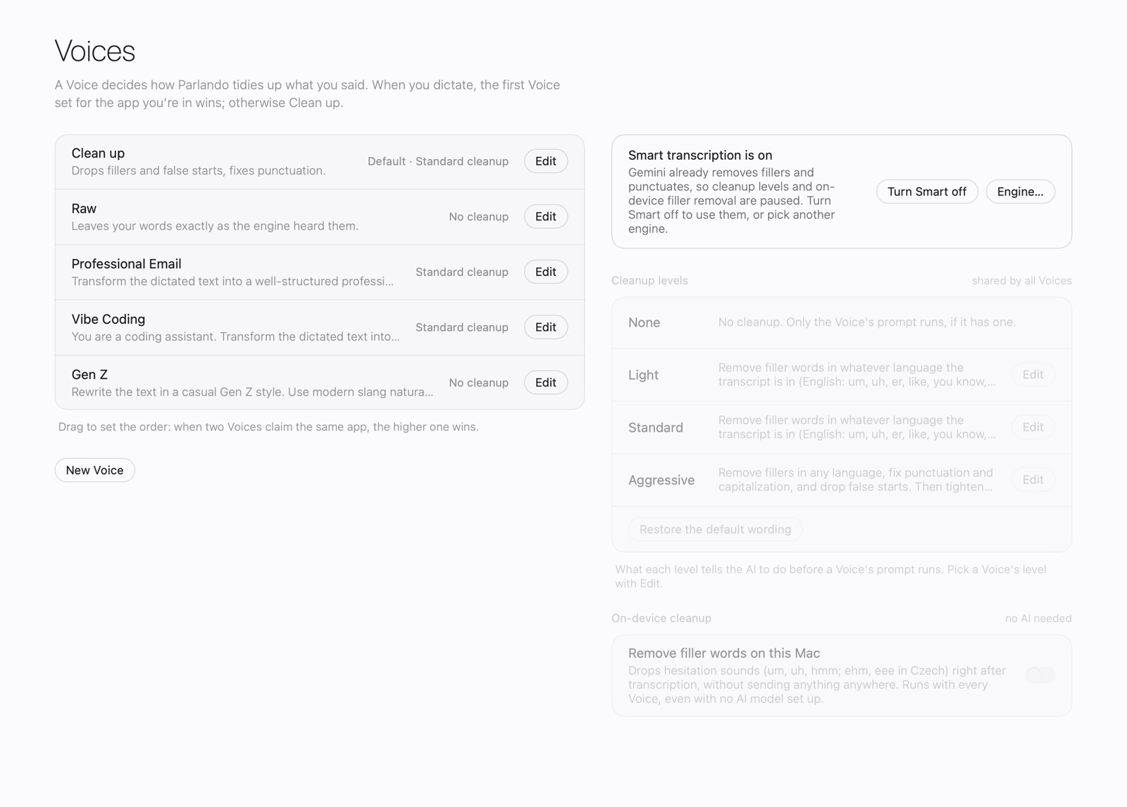 Settings, Voices: Clean up, Raw, Professional Email, Vibe Coding and Gen Z, with the shared cleanup levels beside them.